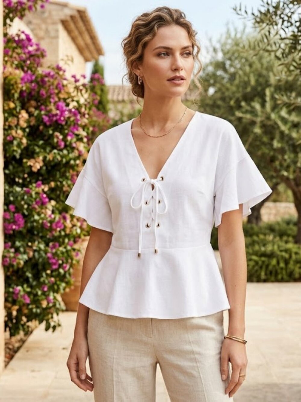 Banana Republic White Lace Up Peplum Top Ruffle Sleeve Size M